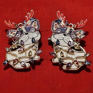 (2) FRENCH BULLDOGS Festive Earrings with Multicolor Gem Christmas Lights